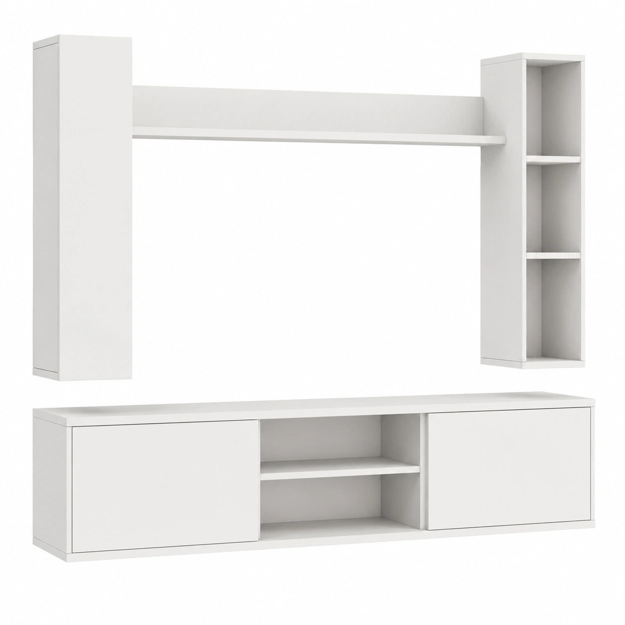 Merax 4-teiliges Wohnzimmerset, Weiß, inkl. TV-Lowboard, Wandregal, Hängende oder stehende Vitrine, Elegante Wohnzimmermöbel