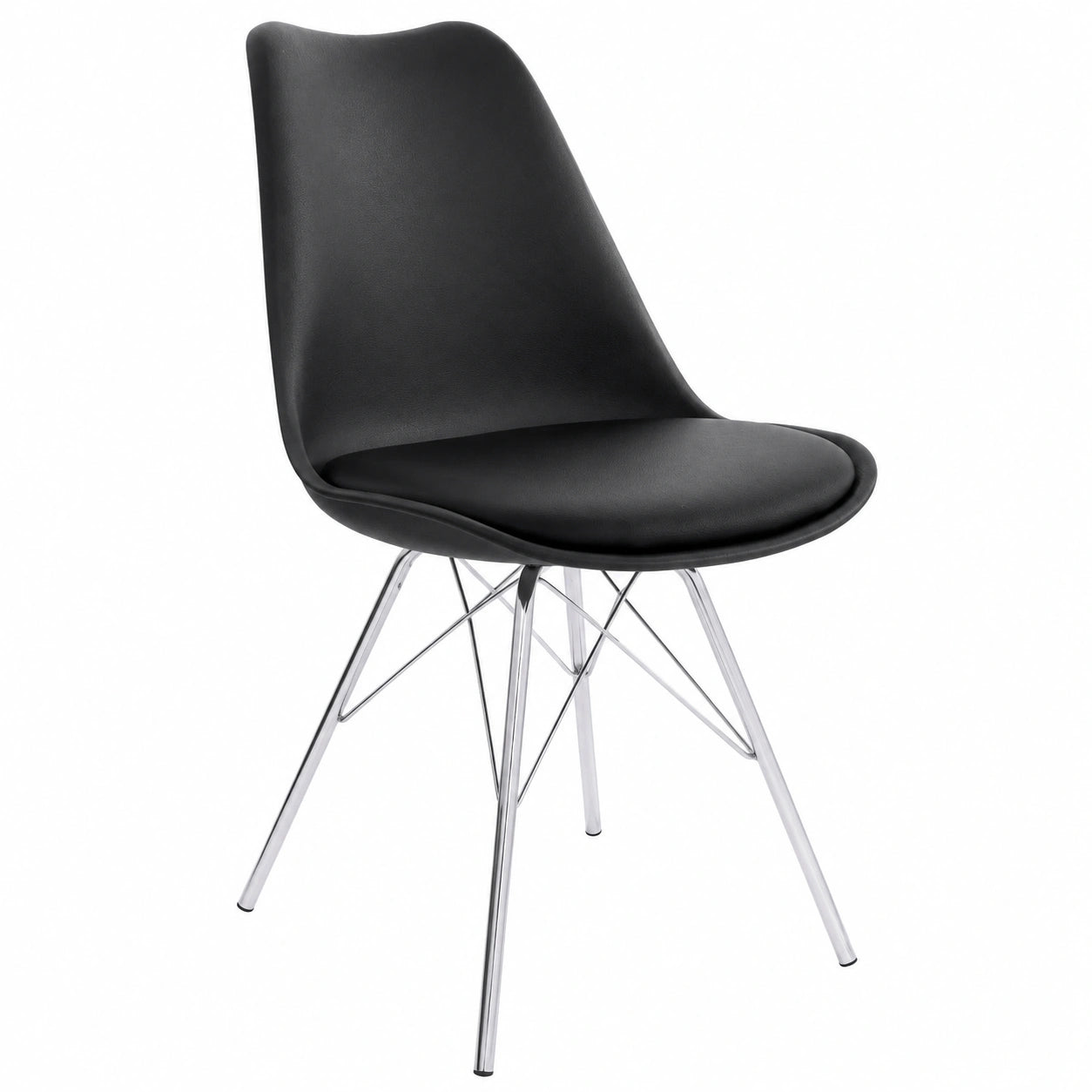 Set aus 2 Skandinavischen Esszimmerstühlen, Schwarz, mit Kunstlederkissen und Chromgestell