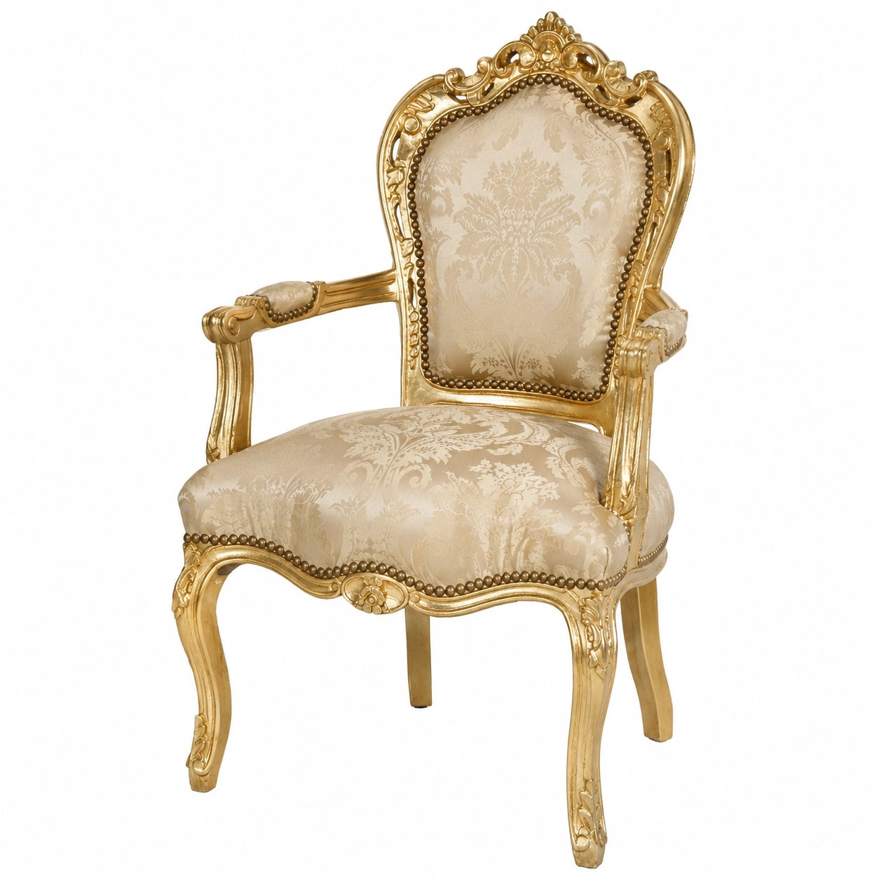 Barock Esszimmerstuhl Creme mit Blumenmuster und goldenen Armlehnen