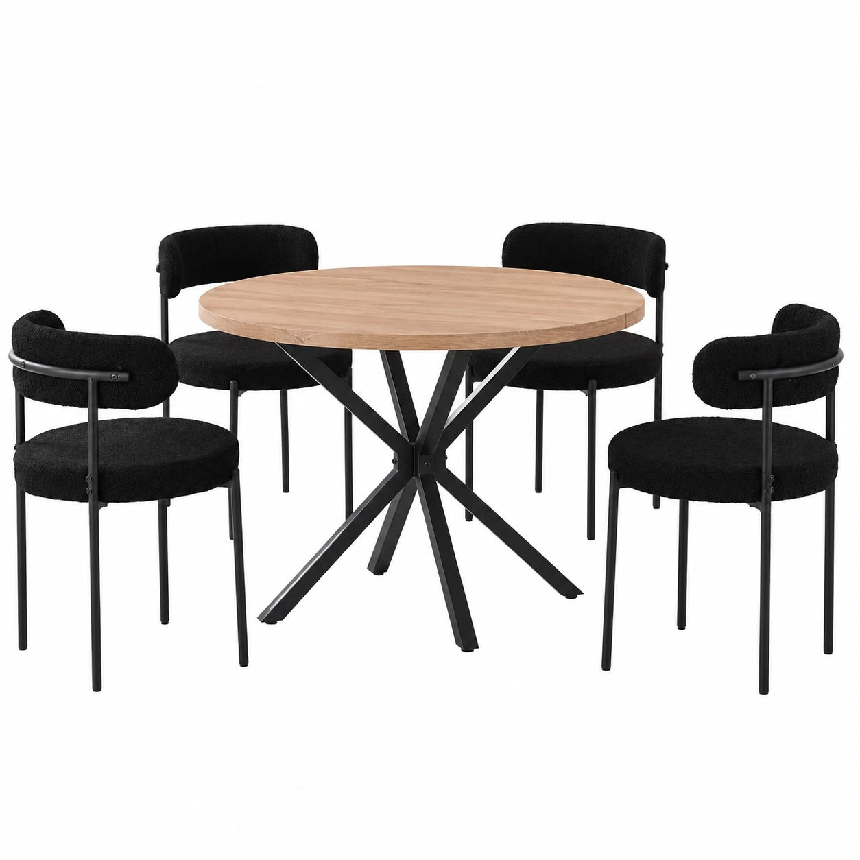 Moderner Rundtisch mit 4 Essstühlen, Holztisch-Set für Küche und Wohnzimmer, Helle Holz- und Schwarztöne