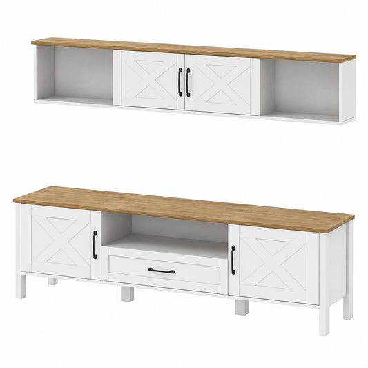 Merax Moderne Wohnwand für Wohnzimmer, elegantes TV-Möbelset mit Vitrine, platzsparendes Design, TV bis 80 Zoll, Weiß und Holzoptik
