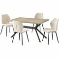 Moderner Essgruppe mit Holz-Tisch und 4 Beige Leinenstühlen, 140x80x76 cm, für Esszimmer und Küche