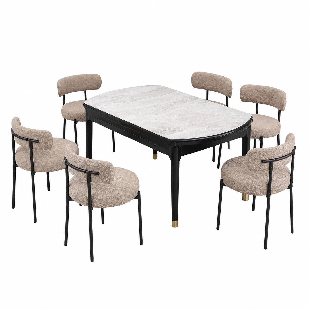 6er Set Esszimmerstühle mit Rückenlehne, moderne Retro-Polsterstühle, schwarzes Metallgestell, hellbraun